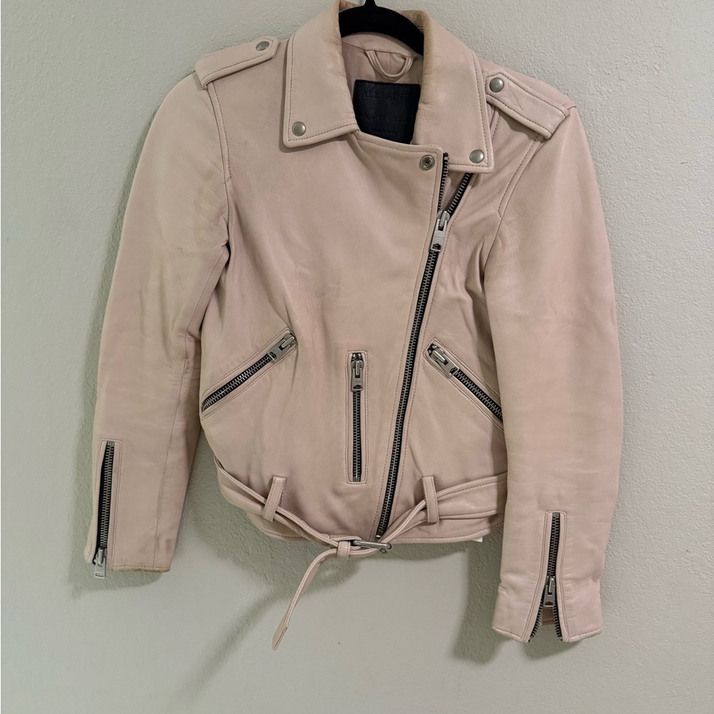 AllSaints Dalby Pale Pink Leather Moto Biker Jacket Size 0 (EU 32)